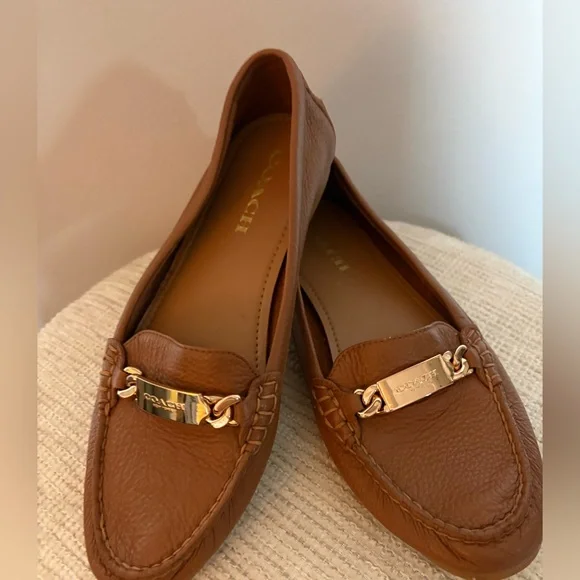 Coach Brown Leather Loafers Gold Logo Hardware Flats - Picture 2 of 5